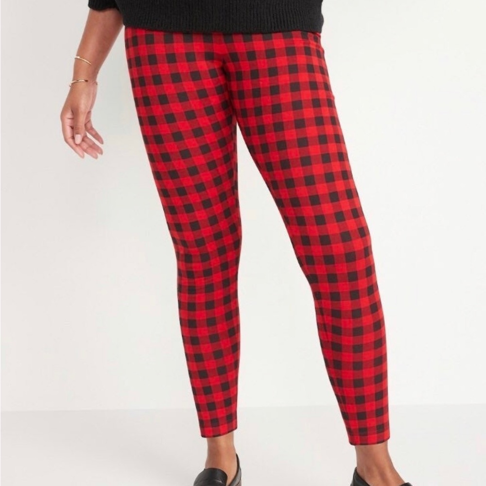 NWT OLD NAVY High Rise Waist Cotton Leggings Red and Black Buffalo Check SZ LP
